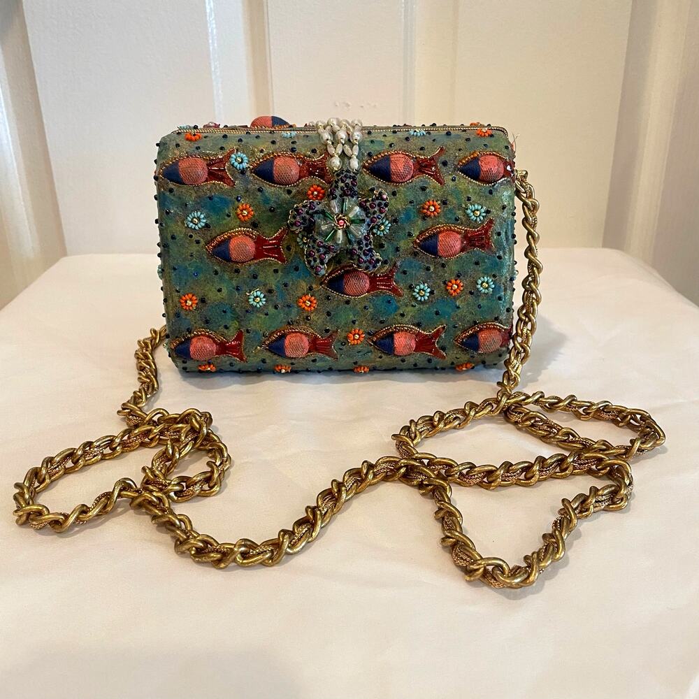 Vintage Mary Frances Beaded Under the Sea Box Clutch Bag Fish Starfish Crossbody